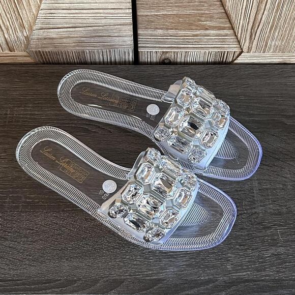 NWT Lauren Lorraine Womens Jade Clear Rhinestone Slides Sandals Size 8.5 - Picture 3 of 4